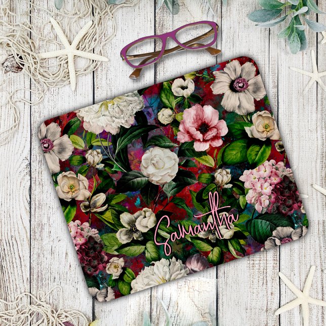 Alfombrilla De Ratón Estiloso estampado de monograma rojo con flores de (Subido por el creador)