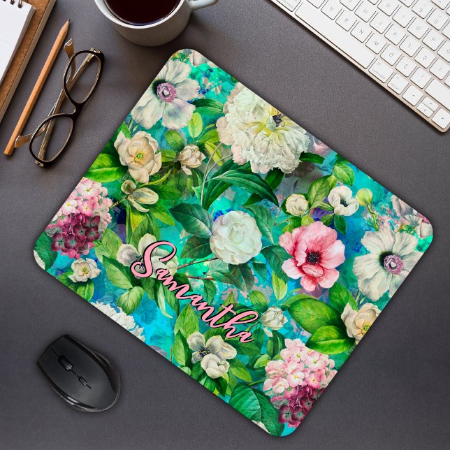 Alfombrilla De Ratón Estiloso patrón monograma azul de flores rosadas f (Subido por el creador)