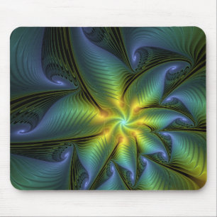 Alfombrilla De Ratón Estrella abstracta, brillante arte azul verde dora