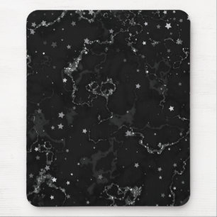 Alfombrilla De Ratón Estrellas elegantes de mármol negro de plata