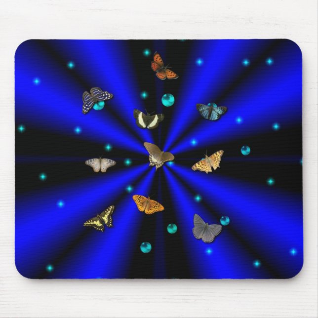 Alfombrilla De Ratón Estrellas, perlas y mariposa en negro y azul (Frente)