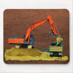 Alfombrilla De Ratón Excavadora naranja y camión de carga amarillo