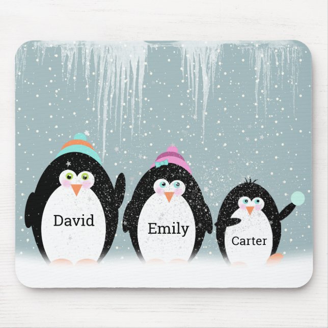 Alfombrilla De Ratón Familia Pingüino En Almohadilla De Ratón De Nieve (Frente)