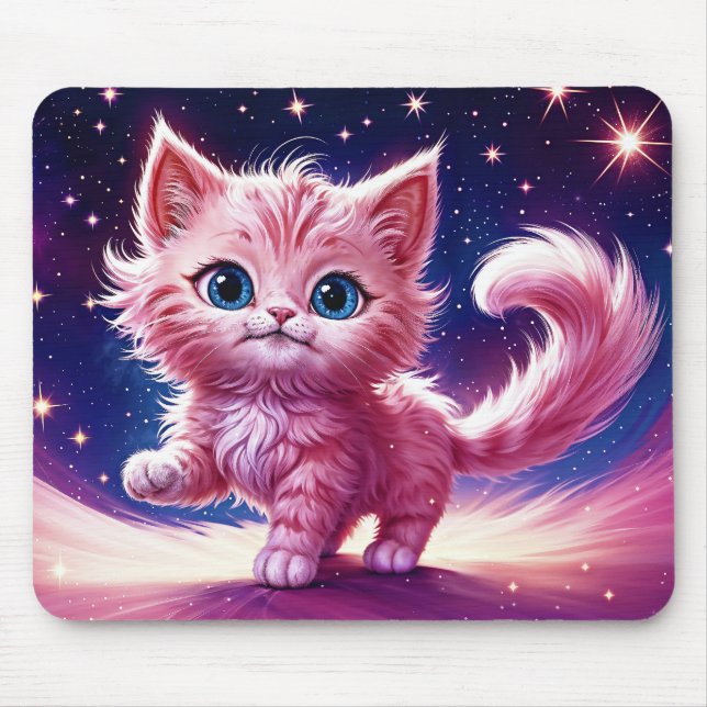 Alfombrilla De Ratón Fantasía rosa flauta gatito ojos azules brillantes (Frente)