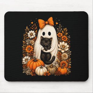 Alfombrilla De Ratón Fantasma de Halloween sosteniendo gato negro flora