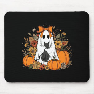 Alfombrilla De Ratón Fantasma de Halloween sosteniendo gato negro flora