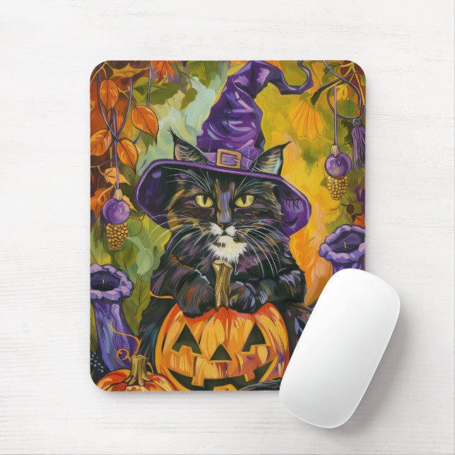 Alfombrilla De Ratón Fantasma Gato De Tuxedo Halloween Bruja Y Calabaza (Con ratón)