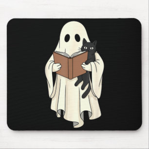 Alfombrilla De Ratón Fantasma y gato negro leyendo Halloween
