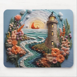 Alfombrilla De Ratón Faro 3D y atardecer de la bahía