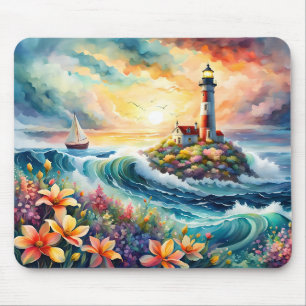 Alfombrilla De Ratón Faro Marítimo Barco Floral Belleza Acuarela