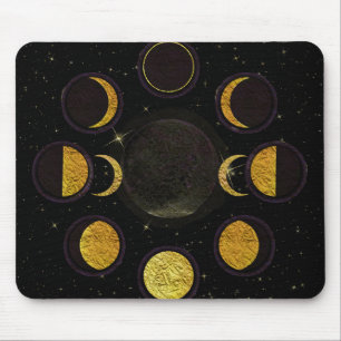 Alfombrilla De Ratón Fases Lunares Mágicas Negras y Doradas