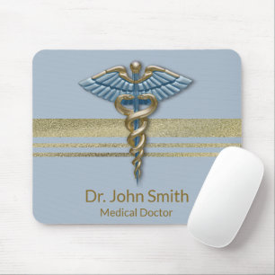 Alfombrilla De Ratón Faux Gold Foil Stripes Light Blue Caduceus Medical