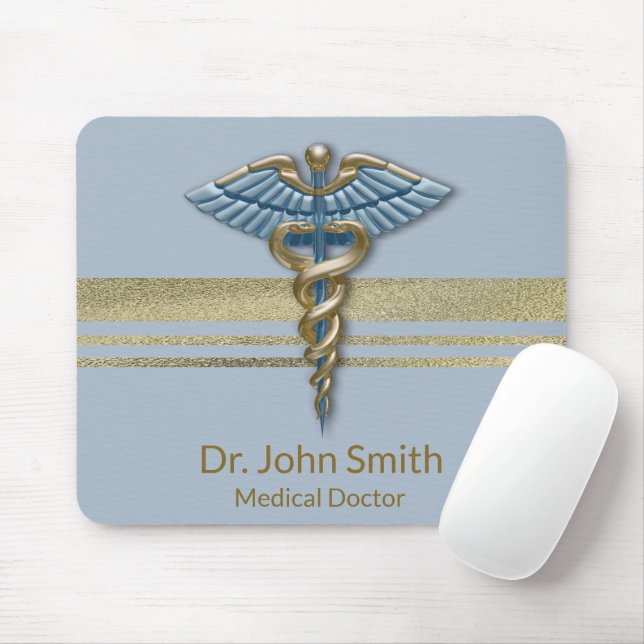 Alfombrilla De Ratón Faux Gold Foil Stripes Light Blue Caduceus Medical (Con ratón)