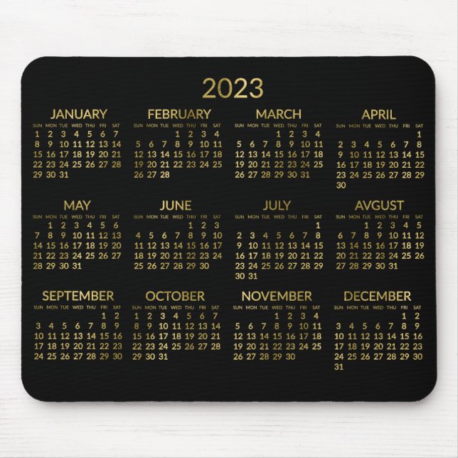 Alfombrilla De Ratón Faux Gold Y Black Yearly Calendar 2023 Mouse Pad (Frente)