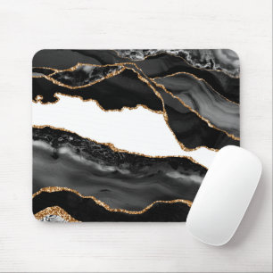 Alfombrilla De Ratón Faux Marled Agate Black Stylish Stone Luxury Gold