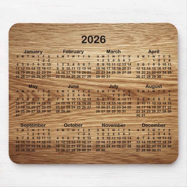 Alfombrilla De Ratón Faux Oak Wood 2026 Calendar (Frente)