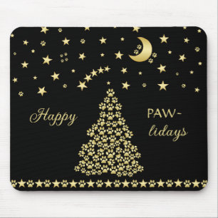 Alfombrilla De Ratón Felices Pawlidays, árbol de navidad Gold brillante