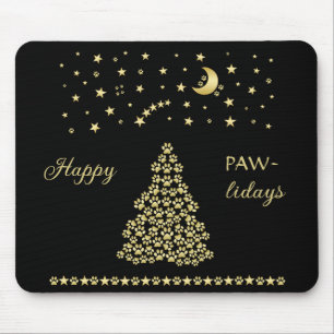 Alfombrilla De Ratón Felices Pawlidays, árbol de navidad Gold brillante
