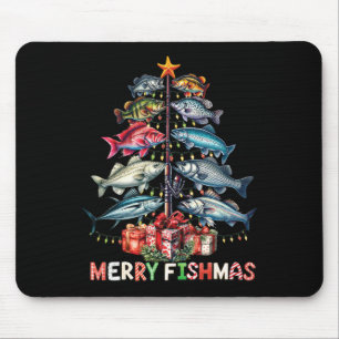 Alfombrilla De Ratón Feliz Fishmas Luces Divertidas de Navidad del Árbo