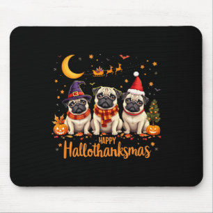 Alfombrilla De Ratón Feliz Hallothanksmas Pug Dogs Halloween Thanksgivi