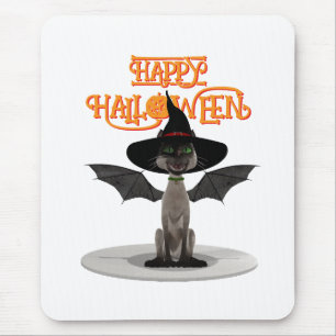 Alfombrilla De Ratón Feliz Halloween. Gato con alas y gorra de bruja