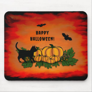 Alfombrilla De Ratón Feliz Halloween, Gato Negro, Bat y Calabaza