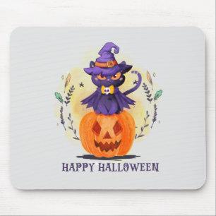 Alfombrilla De Ratón Feliz Halloween - Gato negro de brujas
