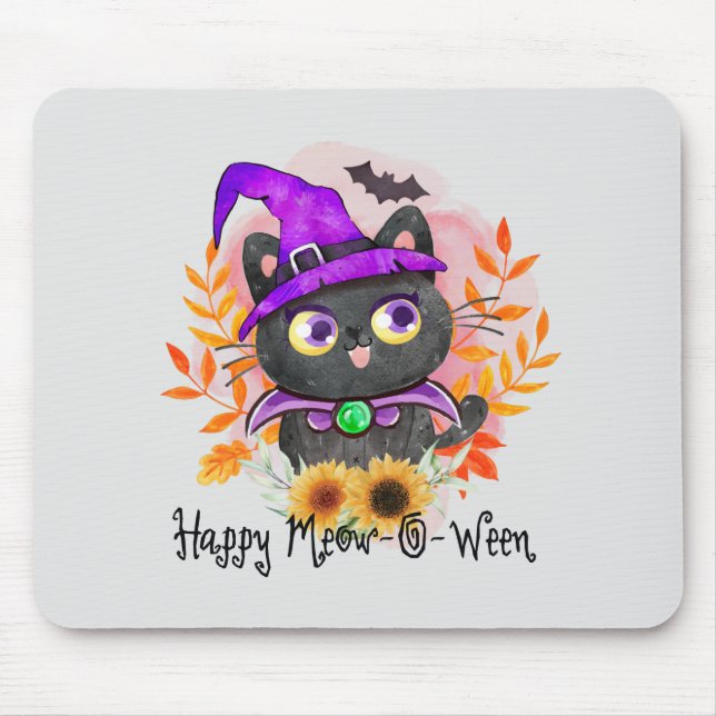 Alfombrilla De Ratón Feliz Meow-o-ween-Black Witch Cat (Frente)