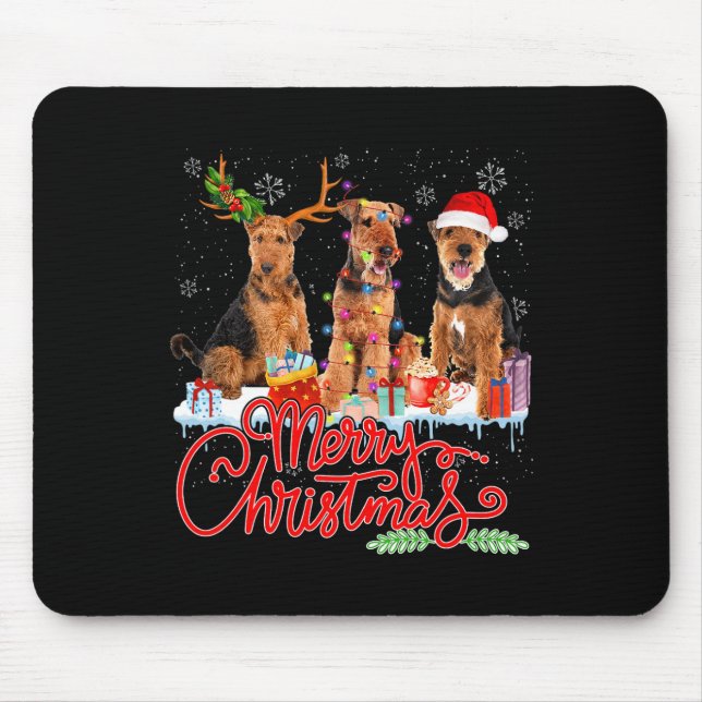 Alfombrilla De Ratón Feliz Navidad Airedale Terrier Santa Reindeer Li (Frente)