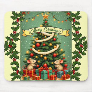 Alfombrilla De Ratón Feliz Navidad Árbol Victoriano Rojo Verde Acebo