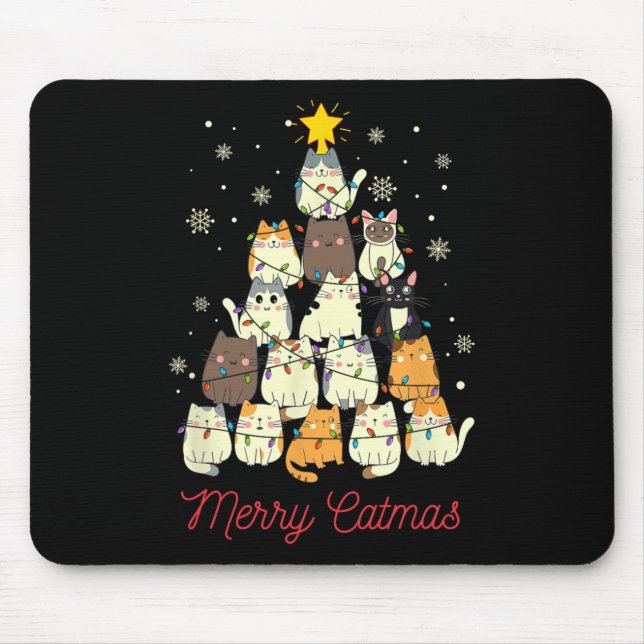 Alfombrilla De Ratón Feliz Navidad Cat Árbol de Navidad Gato Amante (Frente)