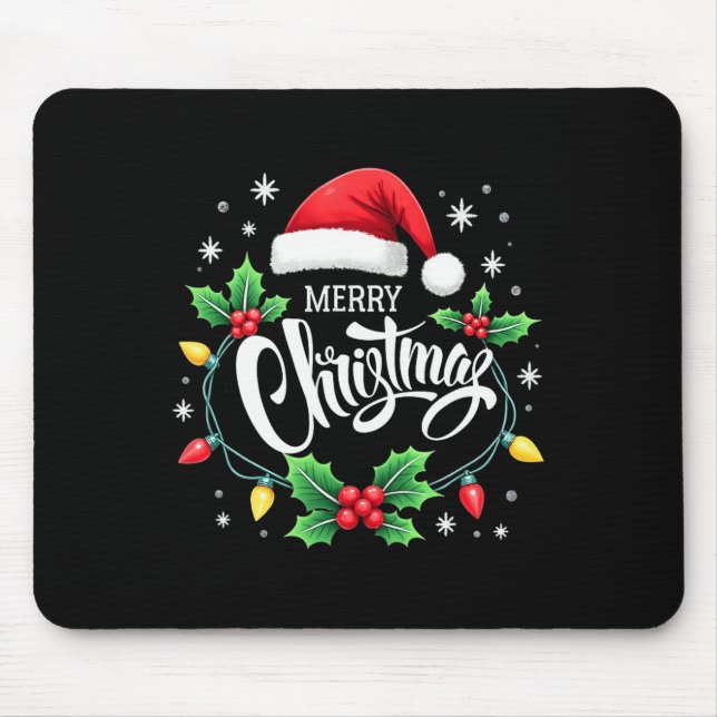 Alfombrilla De Ratón Feliz Navidad Luces Red Santa Hat Familia de navid (Frente)