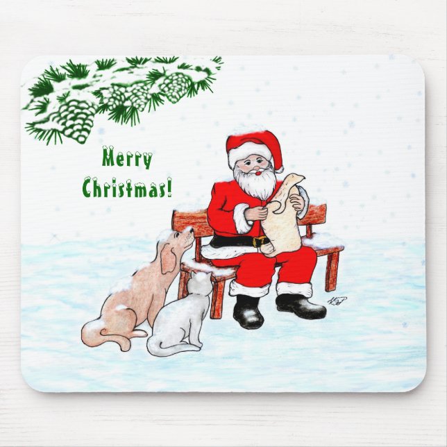 Alfombrilla De Ratón Feliz Navidad! Papá Noel con gato y perro (Frente)