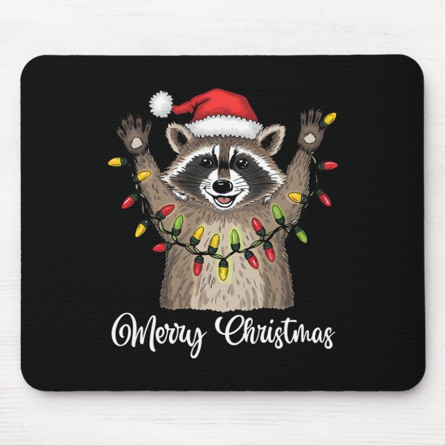 Alfombrilla De Ratón Feliz Navidad Raccoon Santa Hat Xmas Light Pjs M (Frente)