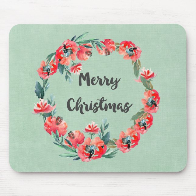 Alfombrilla De Ratón Feliz Navidad Rojo Floral Agua Wreath (Frente)