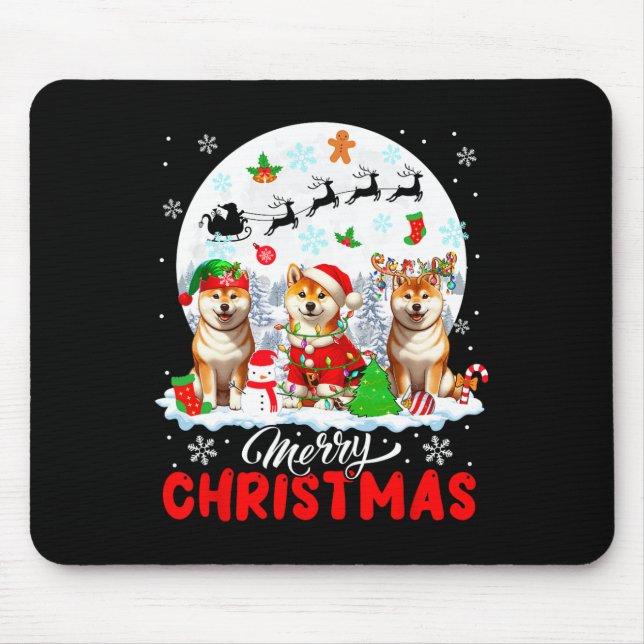 Alfombrilla De Ratón Feliz Navidad tres renos de Santa Elf, Shiba Inu (Frente)