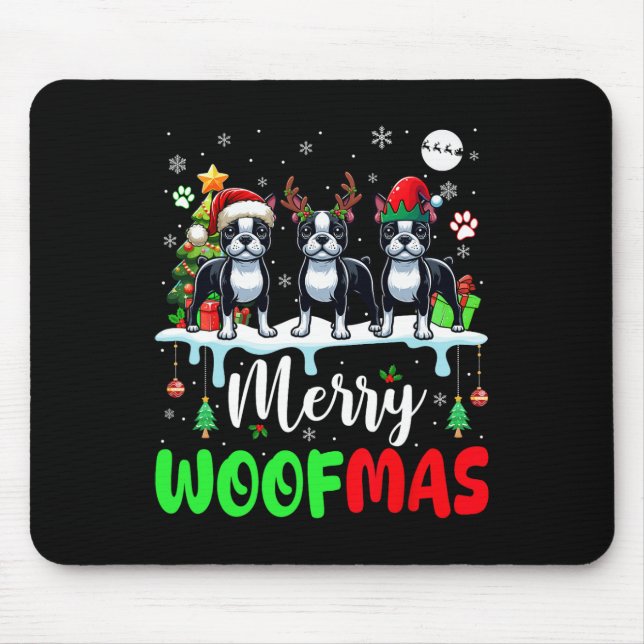 Alfombrilla De Ratón Feliz Navidad Woof Three Santa Reindeer Boston T (Frente)