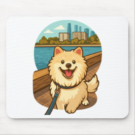 Alfombrilla De Ratón Feliz Samoyed pasea por el frente marítimo de la c