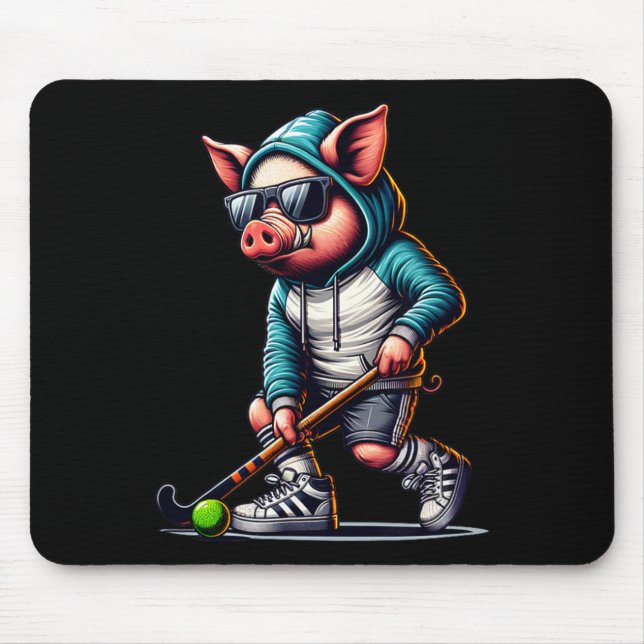Alfombrilla De Ratón Field Hockey Pig In Hoodie With Sungles Stick  (Frente)