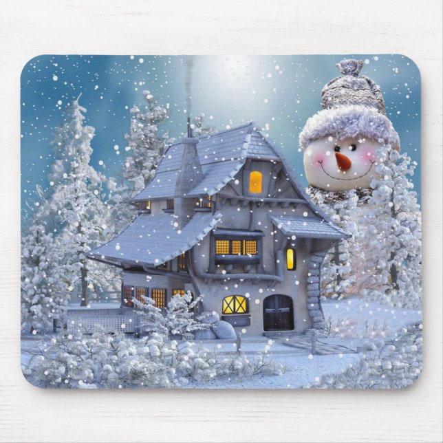 Alfombrilla De Ratón Fiesta de Navidad Invierno Blanco Muñeco de Nieve  (Frente)
