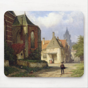 Alfombrilla De Ratón Figure antes de una iglesia de ladrillo en una