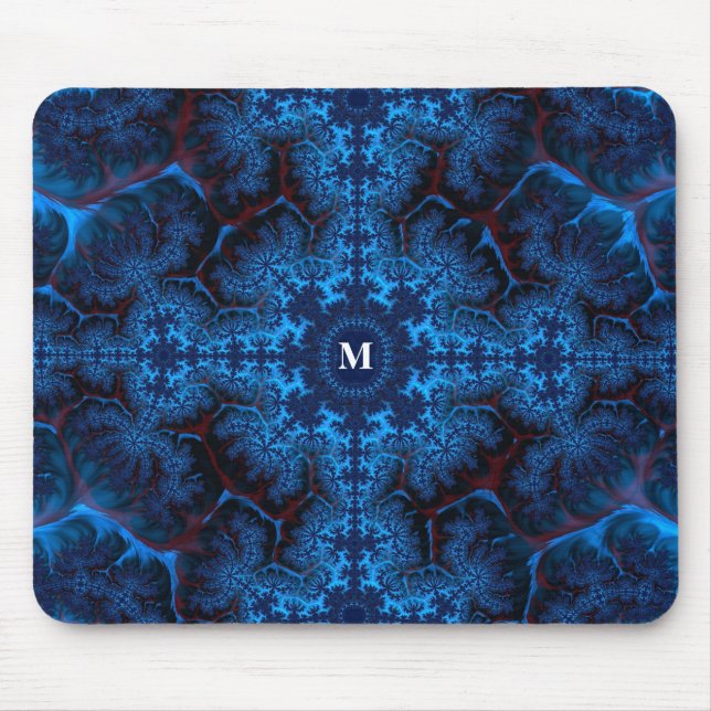 Alfombrilla De Ratón Filigre fractal azul Moody con tu monograma (Frente)