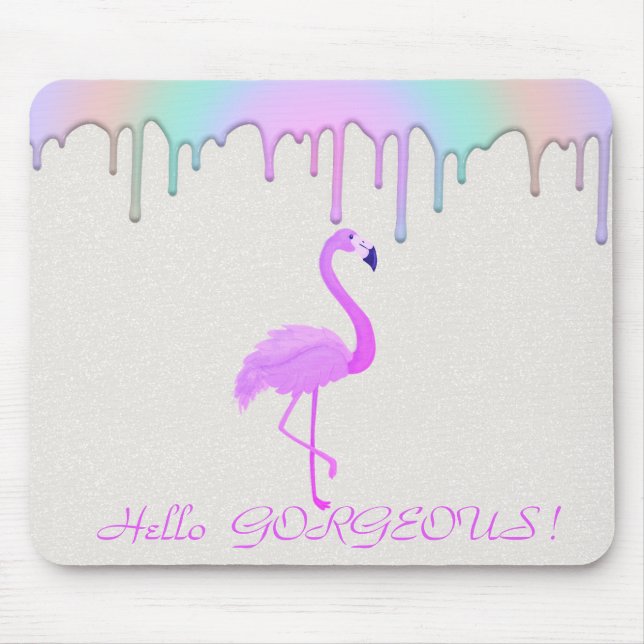 Alfombrilla De Ratón Flamingo rosa, goteo de arcoiris - Hola grandioso (Frente)