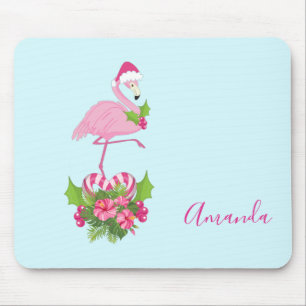Alfombrilla De Ratón Flamingo rosado en Santa Hat con Candy Cane Bouque