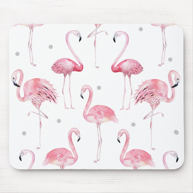 Alfombrilla De Ratón Flamingos rosas Polka gris puntos Moda acuarela (Frente)