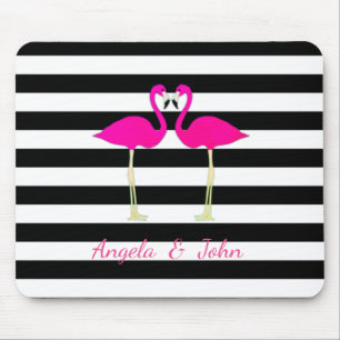 Alfombrilla De Ratón Flamingos Rosas, Rayas Negras y Blancas Personaliz
