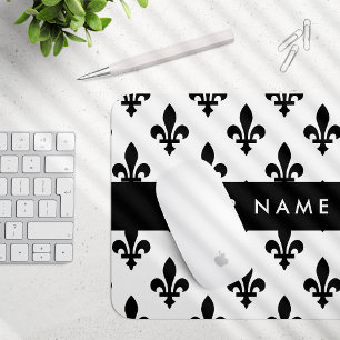Alfombrilla De Ratón Fleur de Lis, Negro sobre Blanco, Negro, Tu Nombre