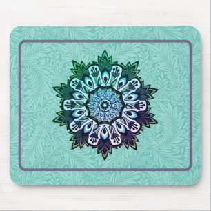 Alfombrilla De Ratón Flor azul de Aqua Verde Mandala Boho