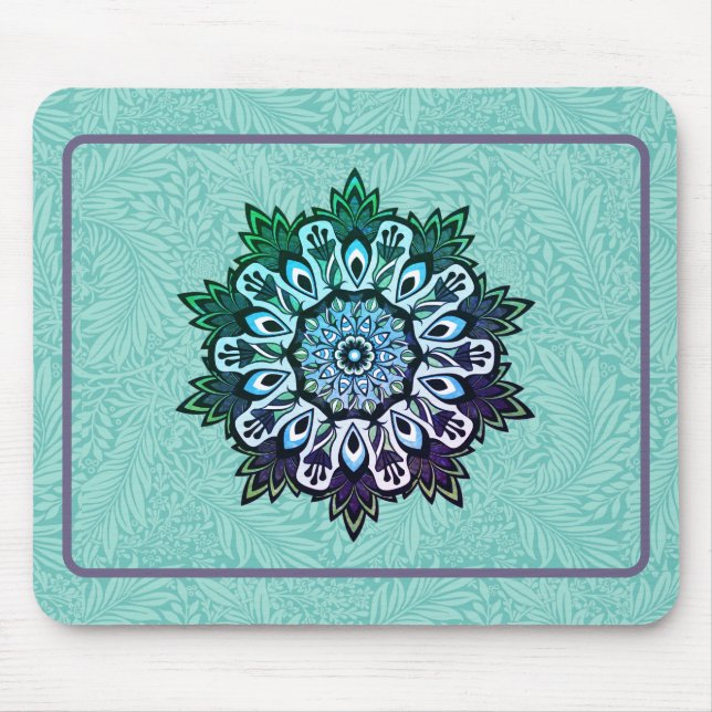 Alfombrilla De Ratón Flor azul de Aqua Verde Mandala Boho (Frente)