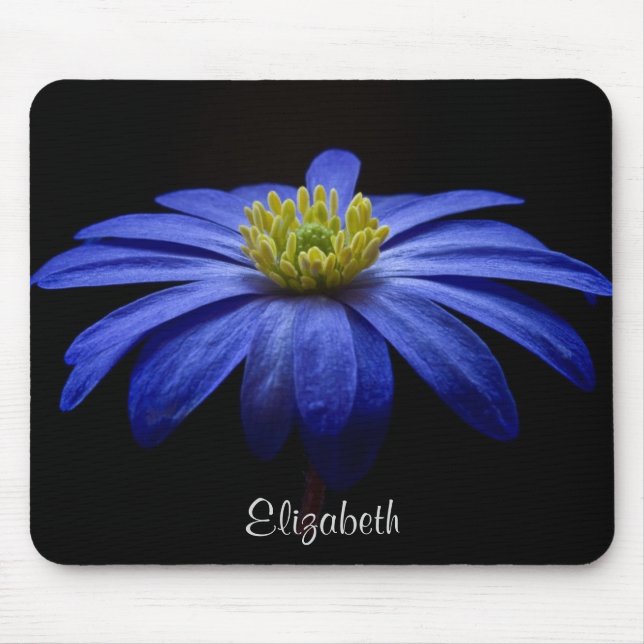 Alfombrilla De Ratón Flor azul de margarita sobre negro personalizado (Frente)